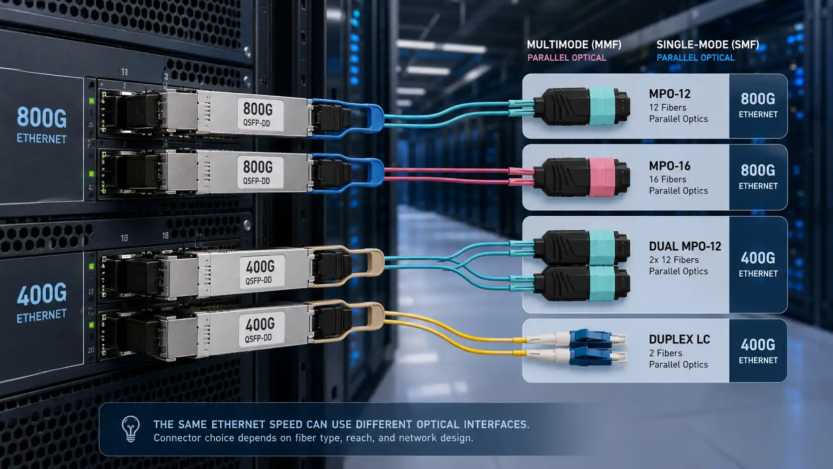 MPO konektory pro 400G/800G: MPO-12, MPO-16 nebo LC?